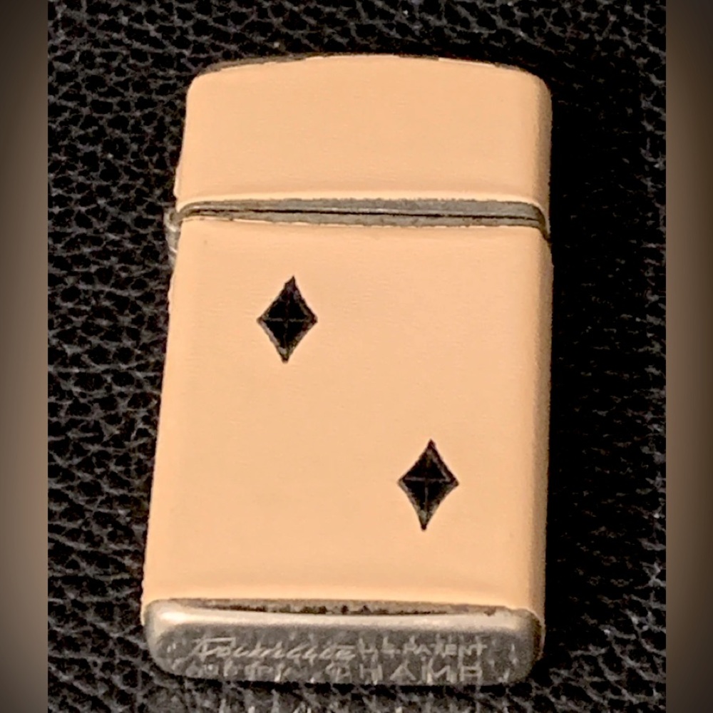 Vintage Champ Cigarette Lighter Trimlight Flip top Peach Beige Black Diamonds 💎